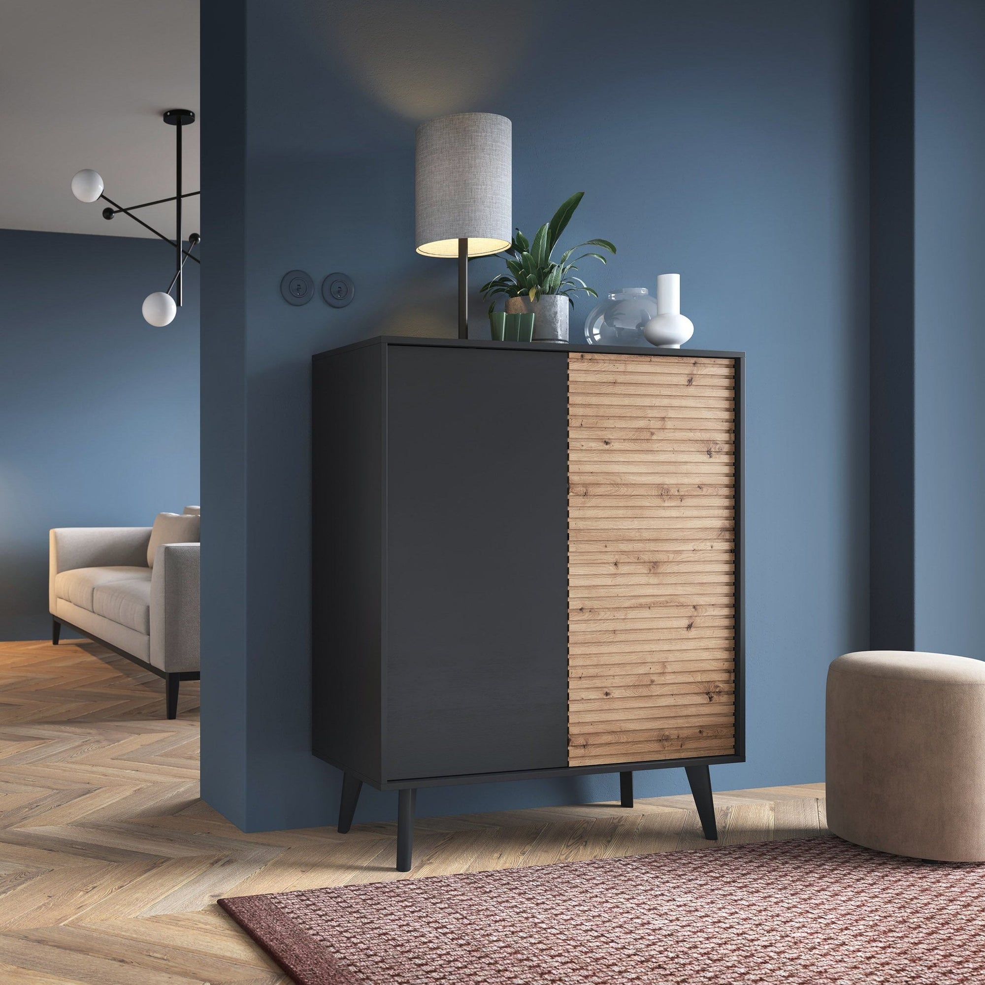 Komoda z drzwiami 104x125 w stylu industrialnym - dąb Artisan/czarny, push-to-open, skośne nóżki | Las