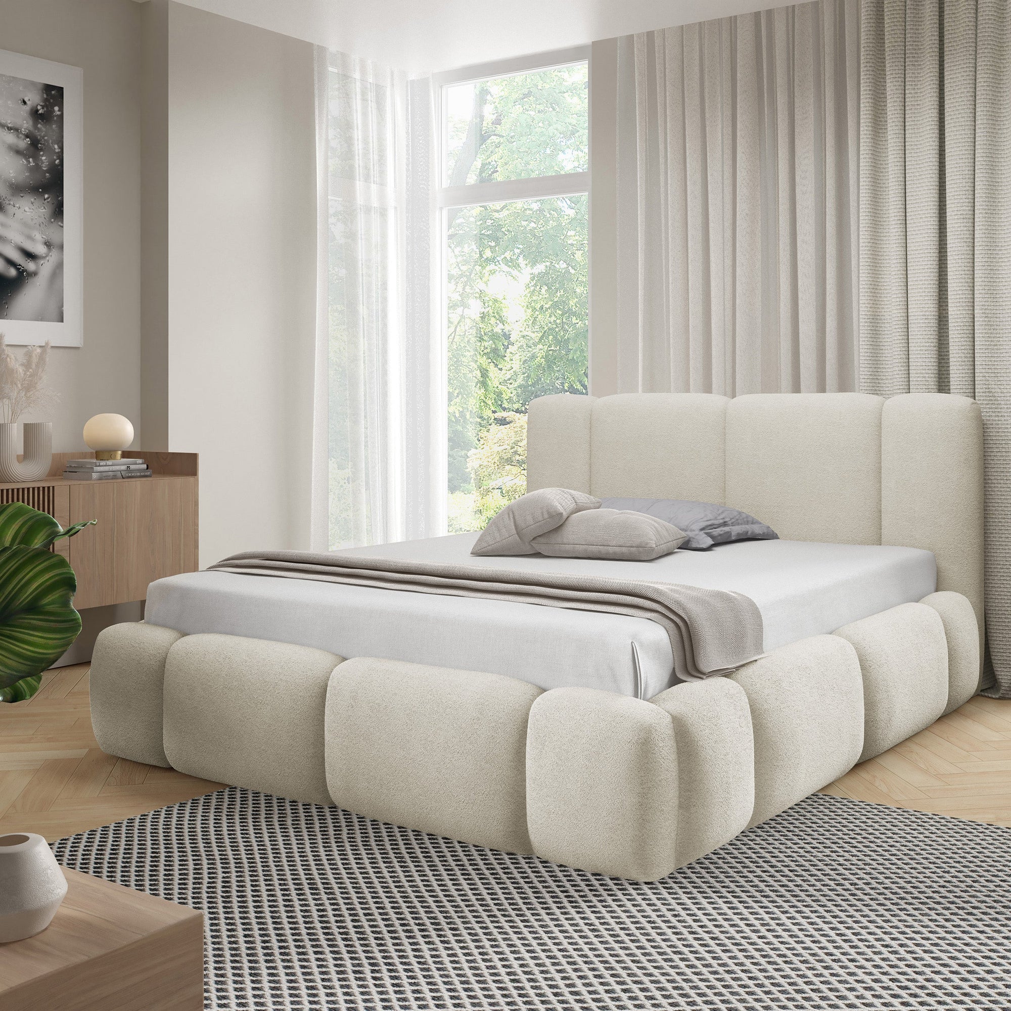 Łóżko tapicerowane z pojemnikiem w różnych rozmiarach w stylu japandi - LED, zagłówek segmentowy | Neria