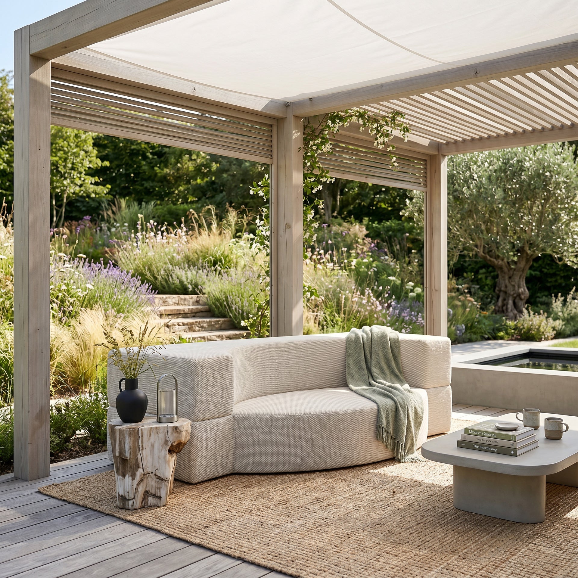 Sofa ogrodowa piankowa 200x100x70 cm w stylu japandi - tkanina outdoorowa Harris, półokrągła forma | Lunaria