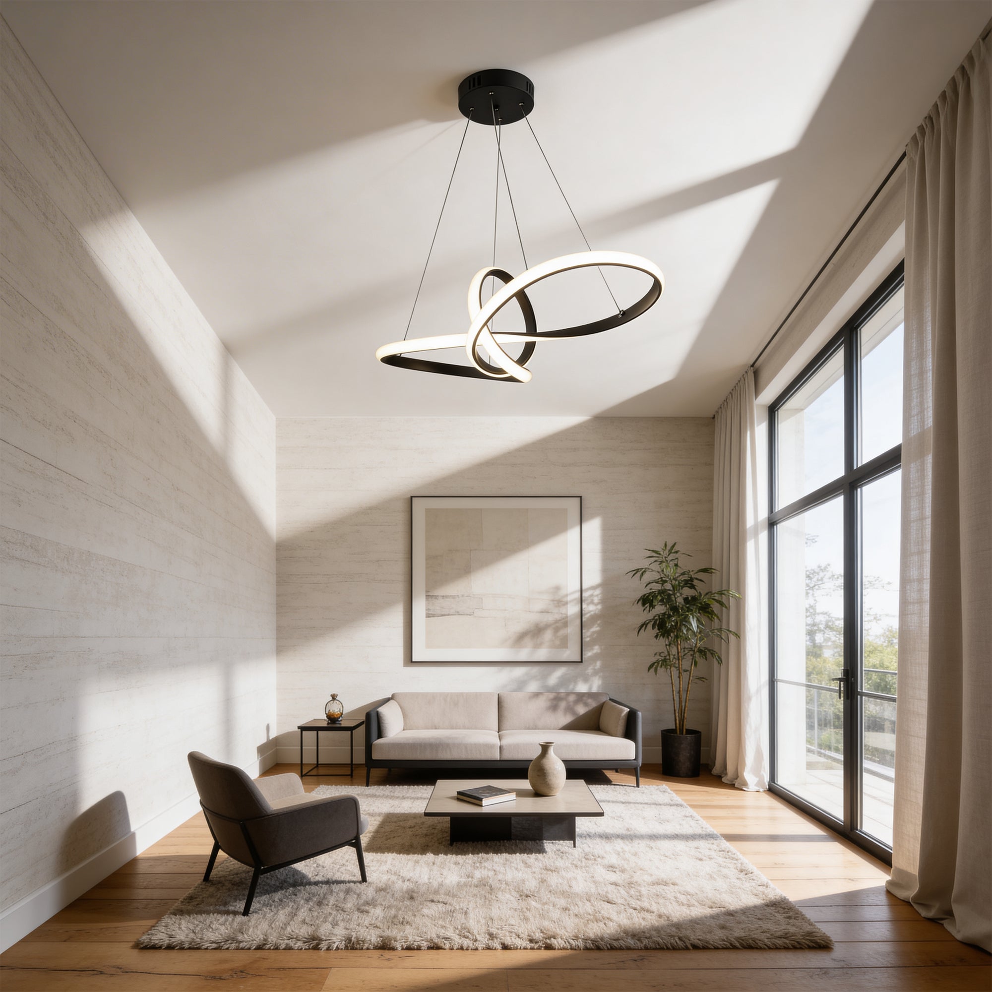 Lampa wisząca LED z geometryczną rzeźbiarską formą w stylu nowoczesnym – czarna konstrukcja, światło 4000K | Loopra