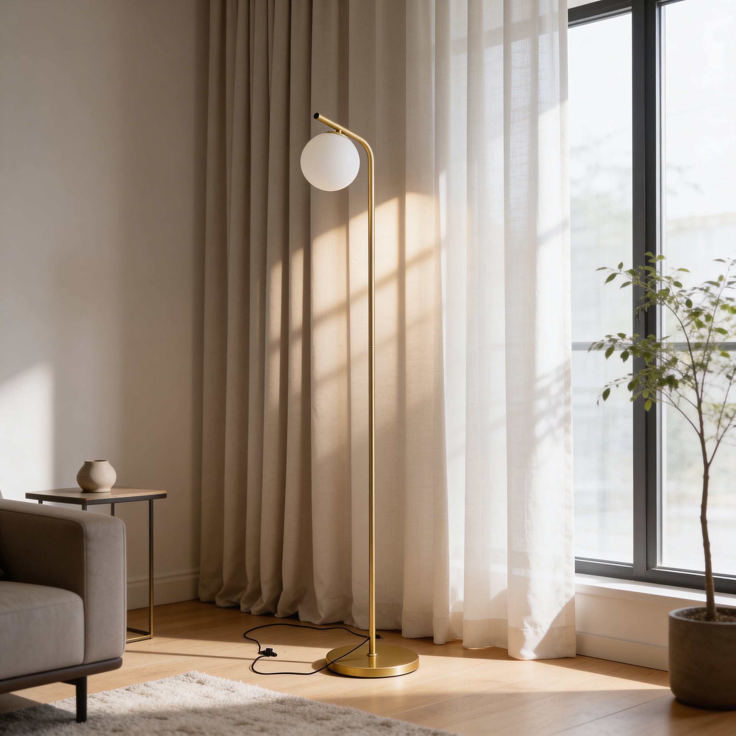 Lampa podłogowa z kulą w stylu nowoczesnym – smukła złota konstrukcja, mleczny szklany klosz, włącznik nożny | Orbitella