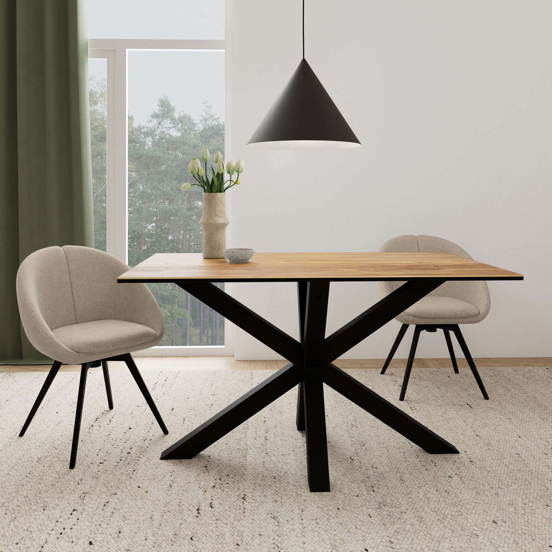 Stół do jadalni w stylu industrialnym - metalowa podstawa, ceramiczny blat z efektem dębu, 3 rozmiary | Oryss Classic