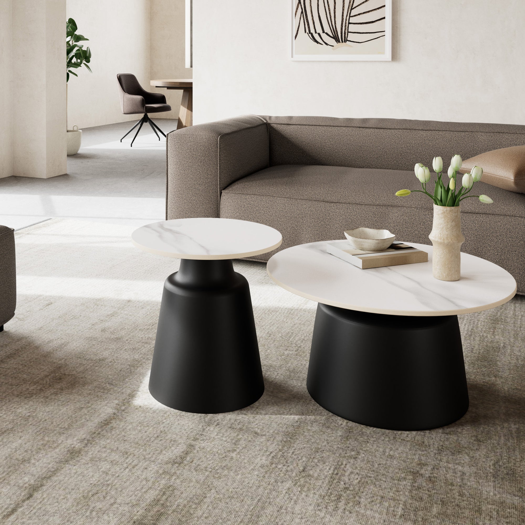 Okrągły stolik kawowy o średnicy 45 cm w stylu nowoczesnym – ceramiczny blat, kolumnowa podstawa, stalowa podstawa | Fumor
