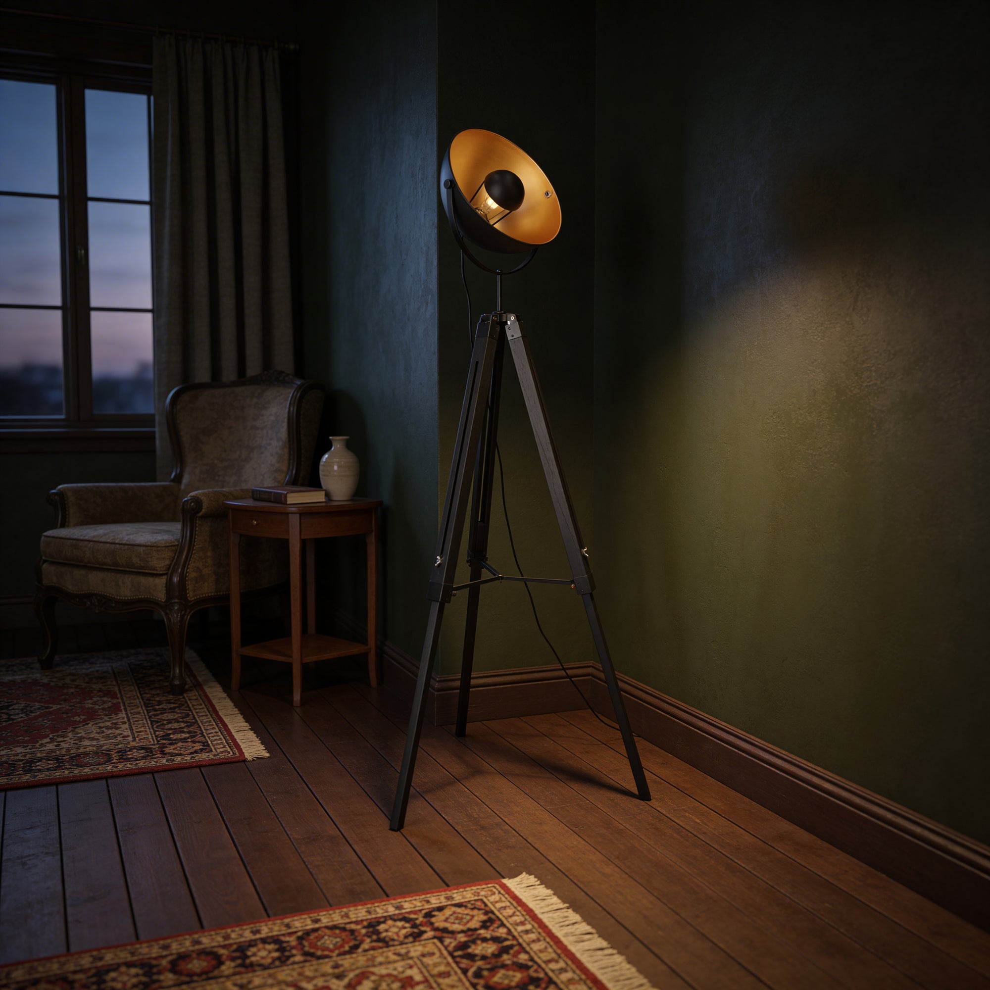 Lampa podłogowa reflektor na trójnogu w stylu retro – regulowany, metalowy klosz, czarno-złota | Reflecto