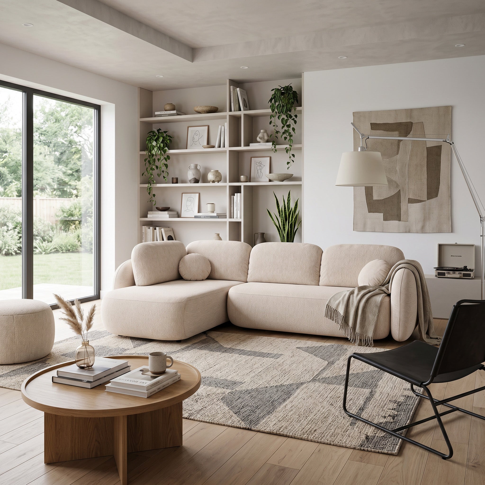 Narożnik z funkcją spania o powierzchni 123x250 w stylu organic modern - tkanina Aragon, zaokrąglona forma, dekoracyjne poduszki | OLEMO