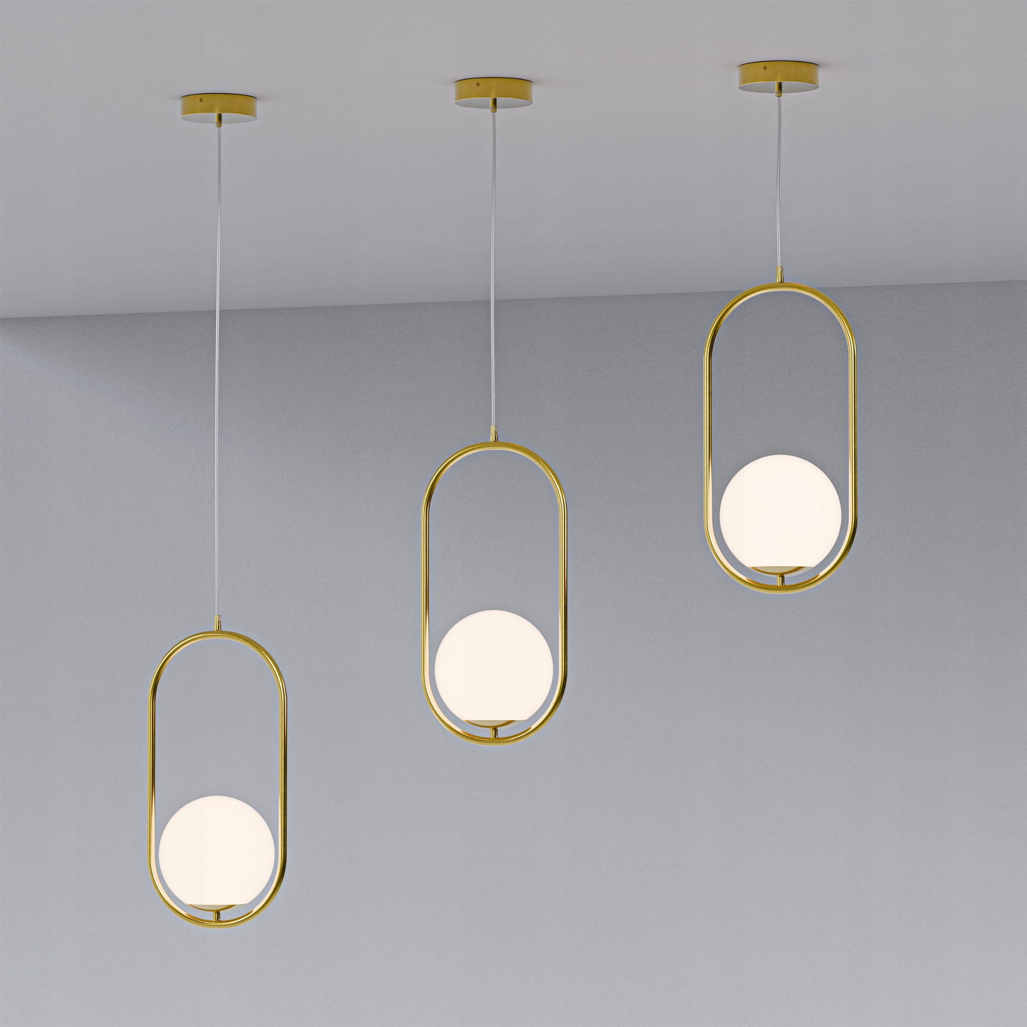 Lampa wisząca z kulistym kloszem w złotej ramie w stylu nowoczesnym – szklany klosz E27, elegancka forma | Orbitella