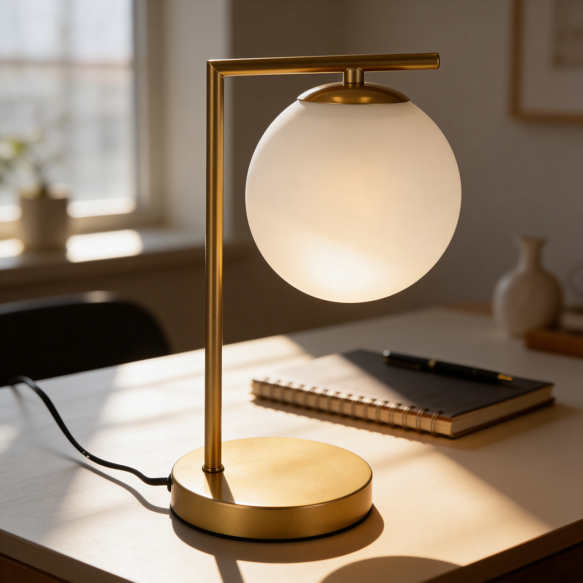 Lampka biurkowa z szklaną kulą w stylu eleganckim – złoty metal, szklany klosz G9 | Orbitella