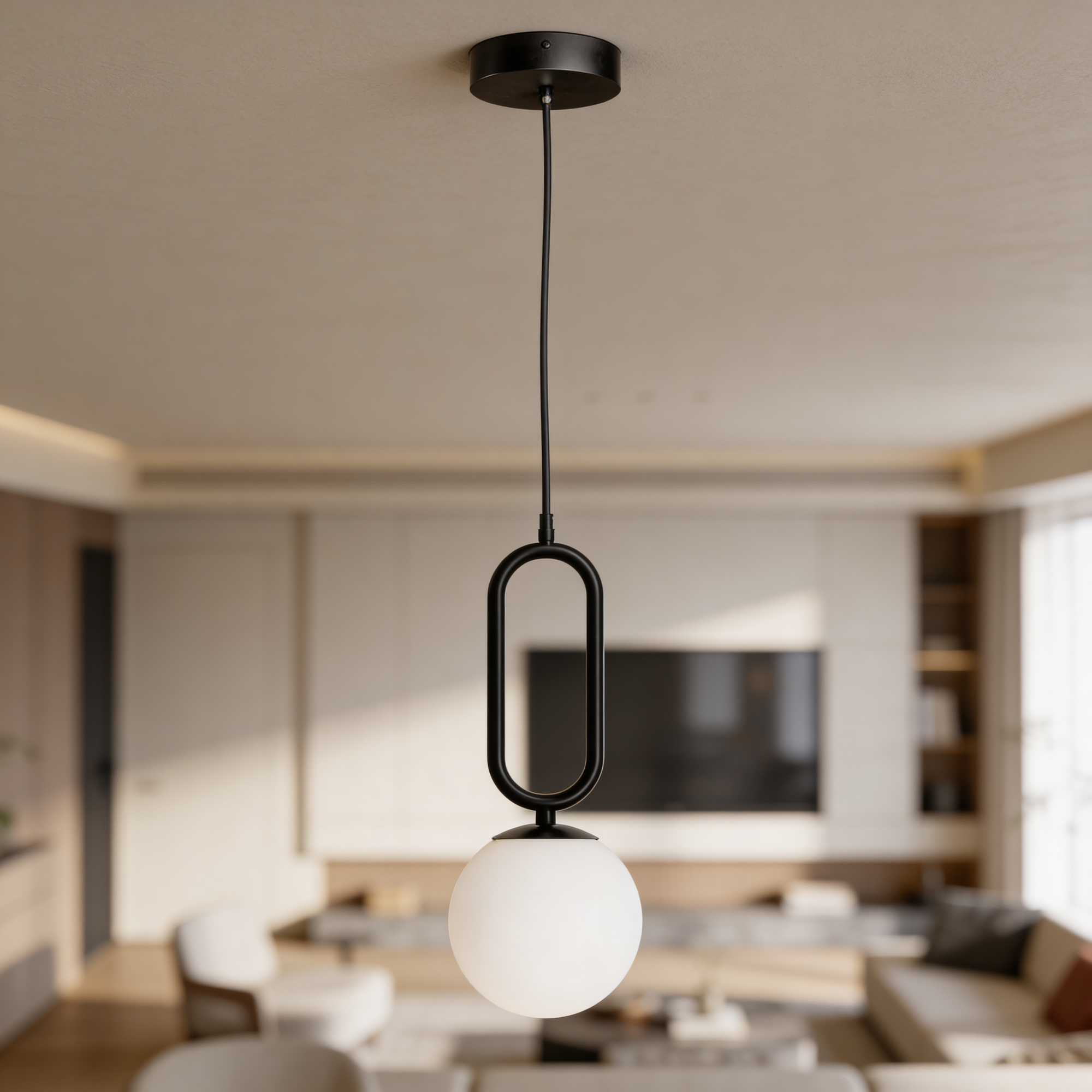 Lampa wisząca z kulistym kloszem i czarną ramą w stylu loftowym – geometryczna forma, szkło, E27 | Obal