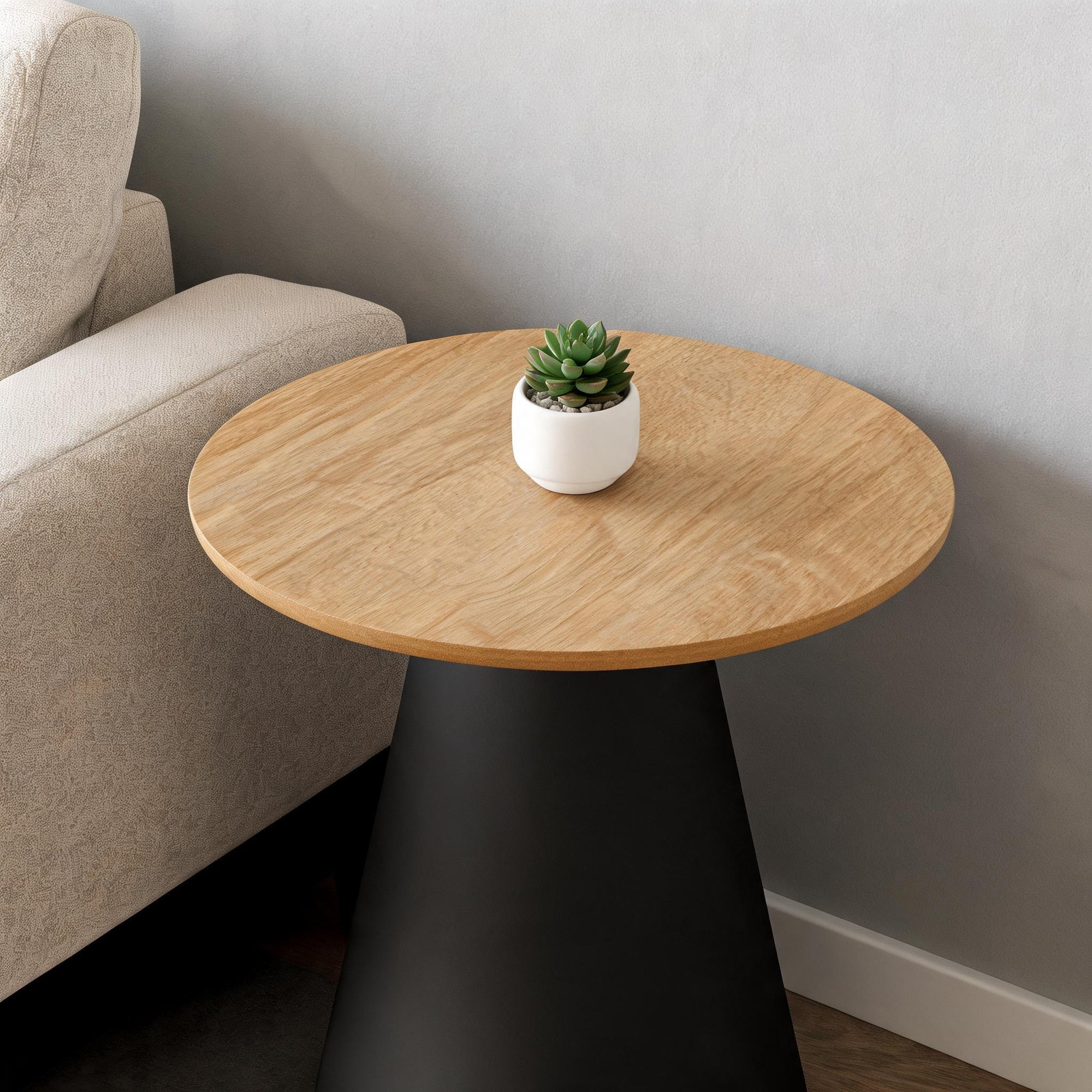 Okrągły stolik kawowy o średnicy 45 cm w stylu soft loft – kompaktowy rozmiar, naturalny rysunek drewna | Talin