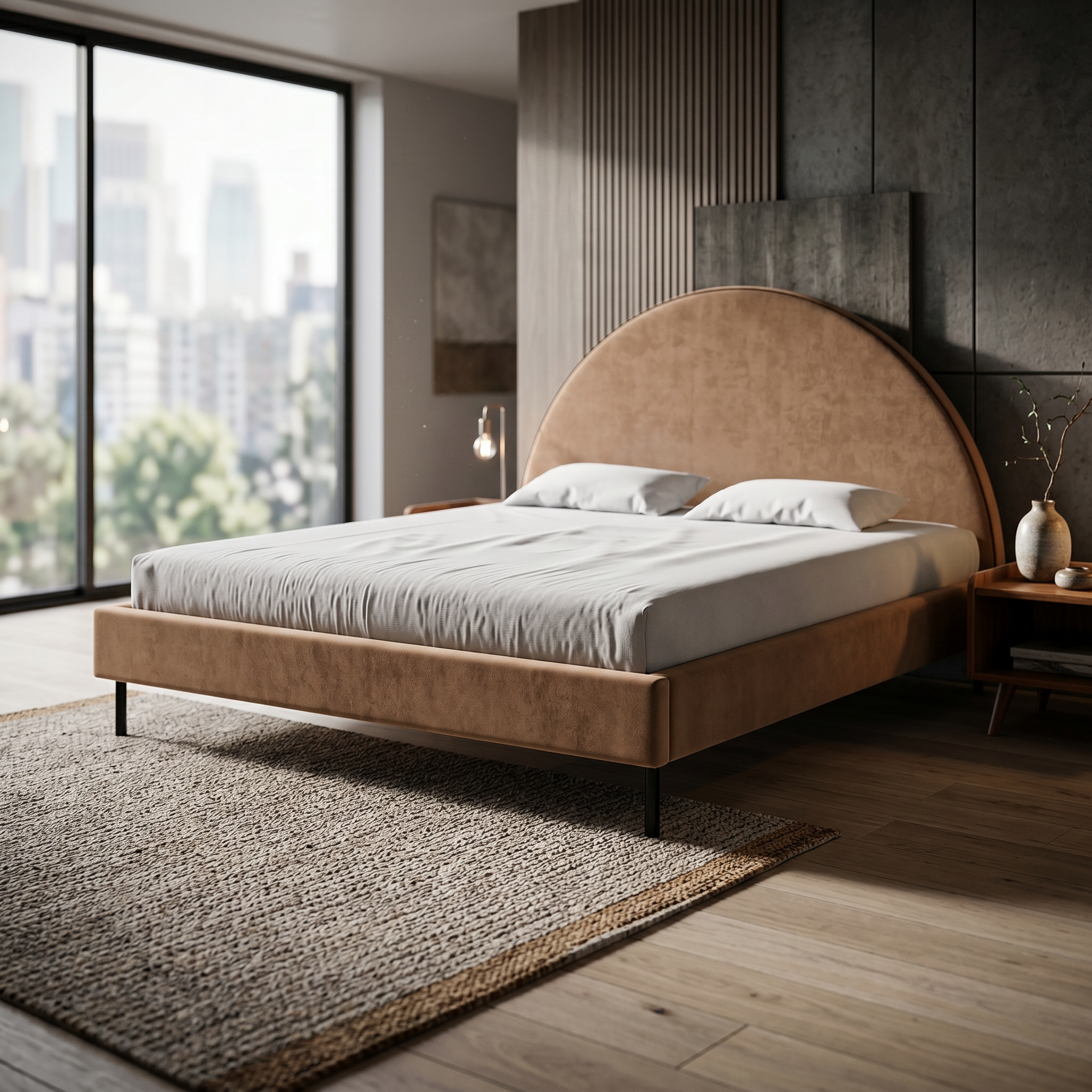 Polsterbett mit halbrundem Kopfteil und Bettkasten im Soft-Modern-Stil | Zora
