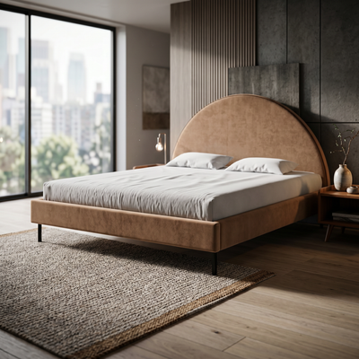 Polsterbett mit halbrundem Kopfteil und Bettkasten im Soft-Modern-Stil | Zora