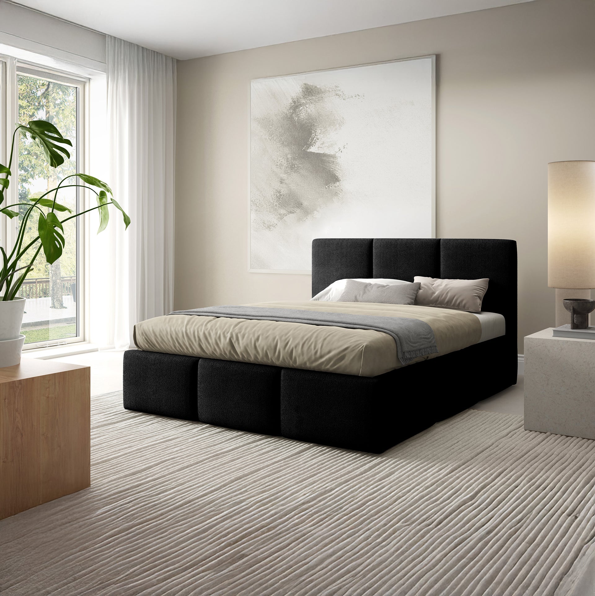 Łóżko tapicerowane z pojemnikiem w różnych rozmiarach w stylu nowoczesnym - tkanina Coral, pionowe pikowania, podnoszony stelaż | Melora