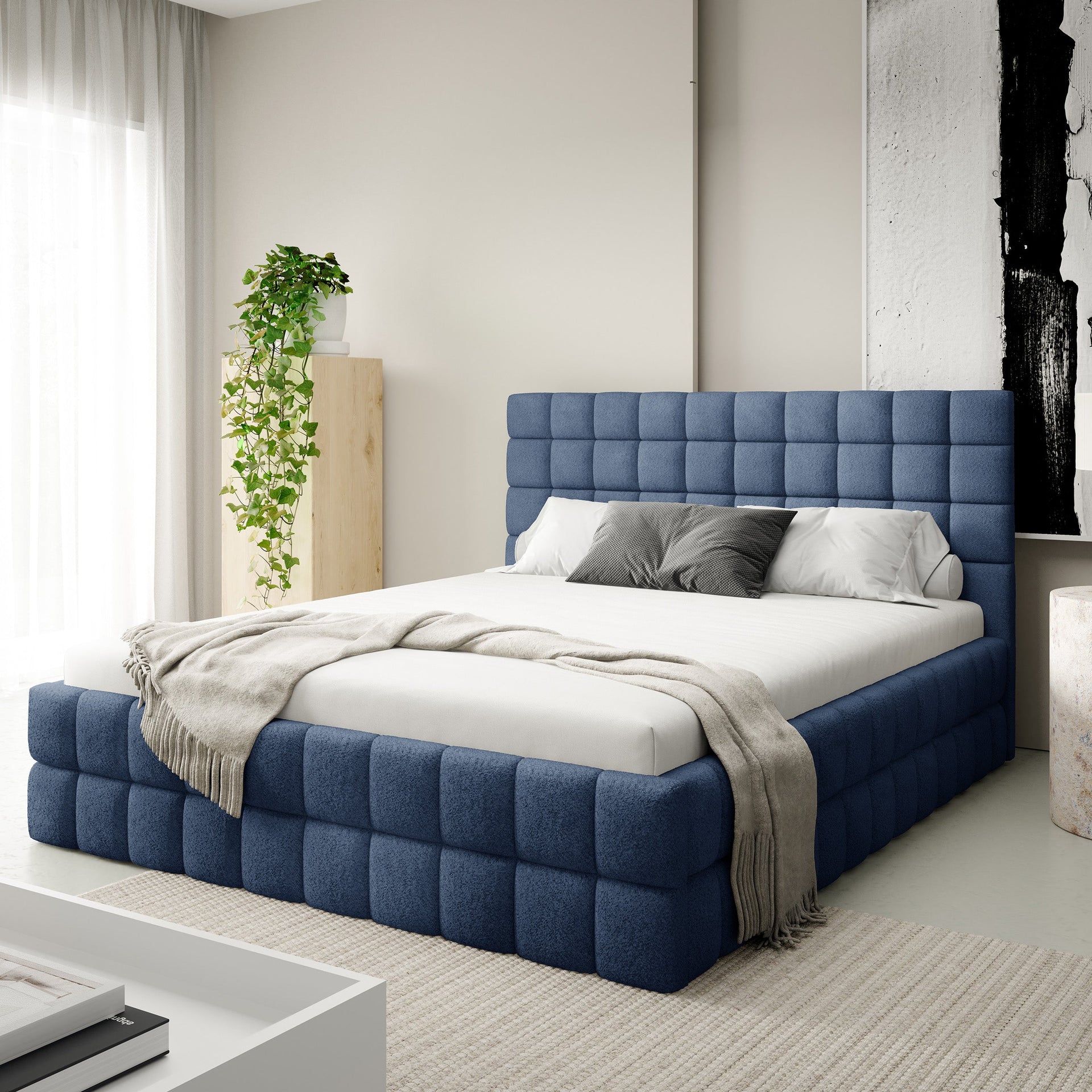 Łóżko tapicerowane z pojemnikiem w różnych rozmiarach w stylu nowoczesnym - tkanina Coral, pikowany zagłówek | STRATUS