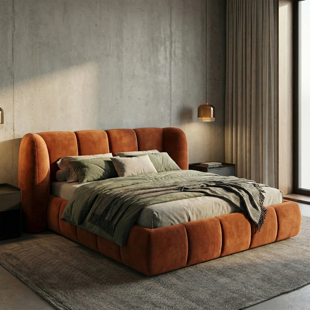 Polsterbett mit vertikaler Steppung und Bettkasten im Soft-Modern-Stil | Ventara