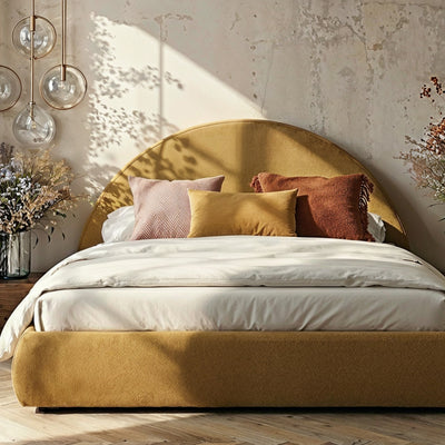 Polsterbett Bett mit Bettkasten und halbkreisförmigem Kopfteil im modernen Stil | Orizo