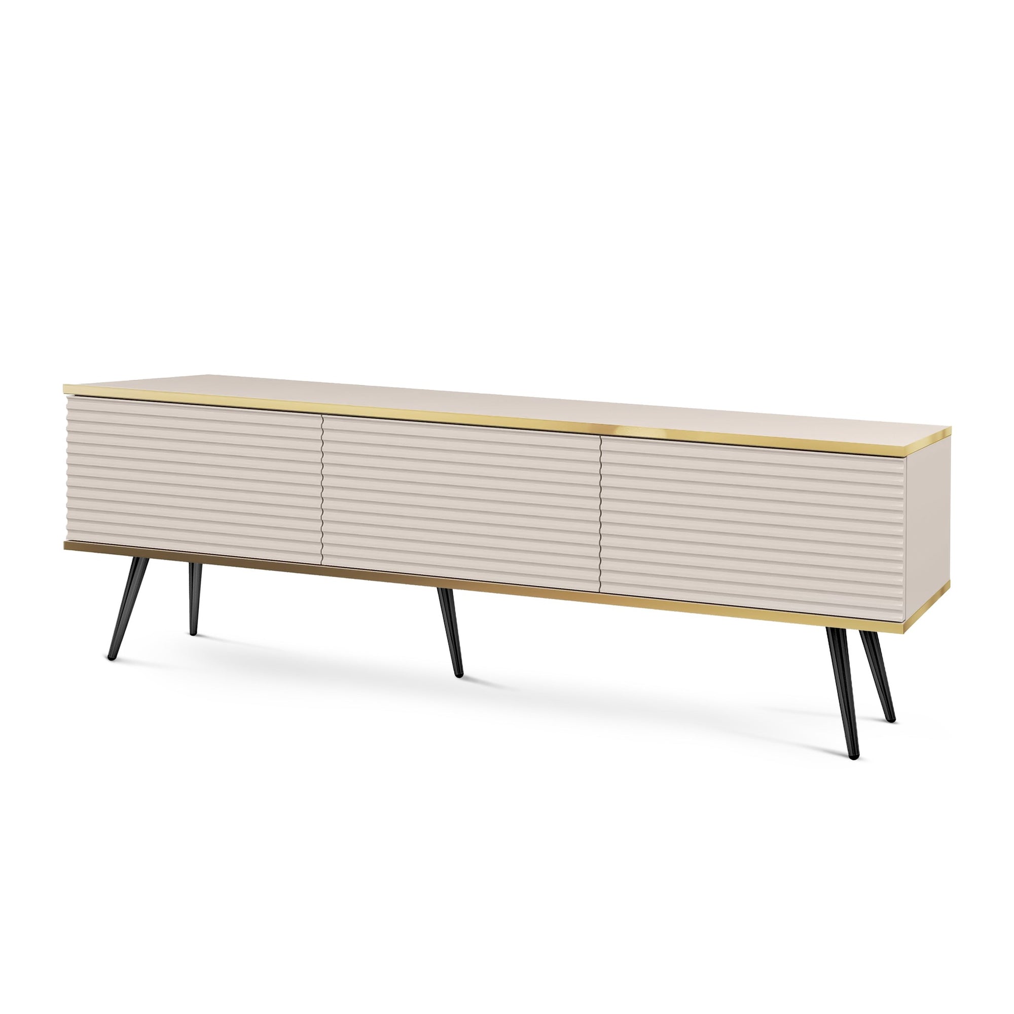 Szafka RTV 175x30 ze złotymi akcentami - ryflowany front MDF, system push-to-open | Meva Beżowy Czarny