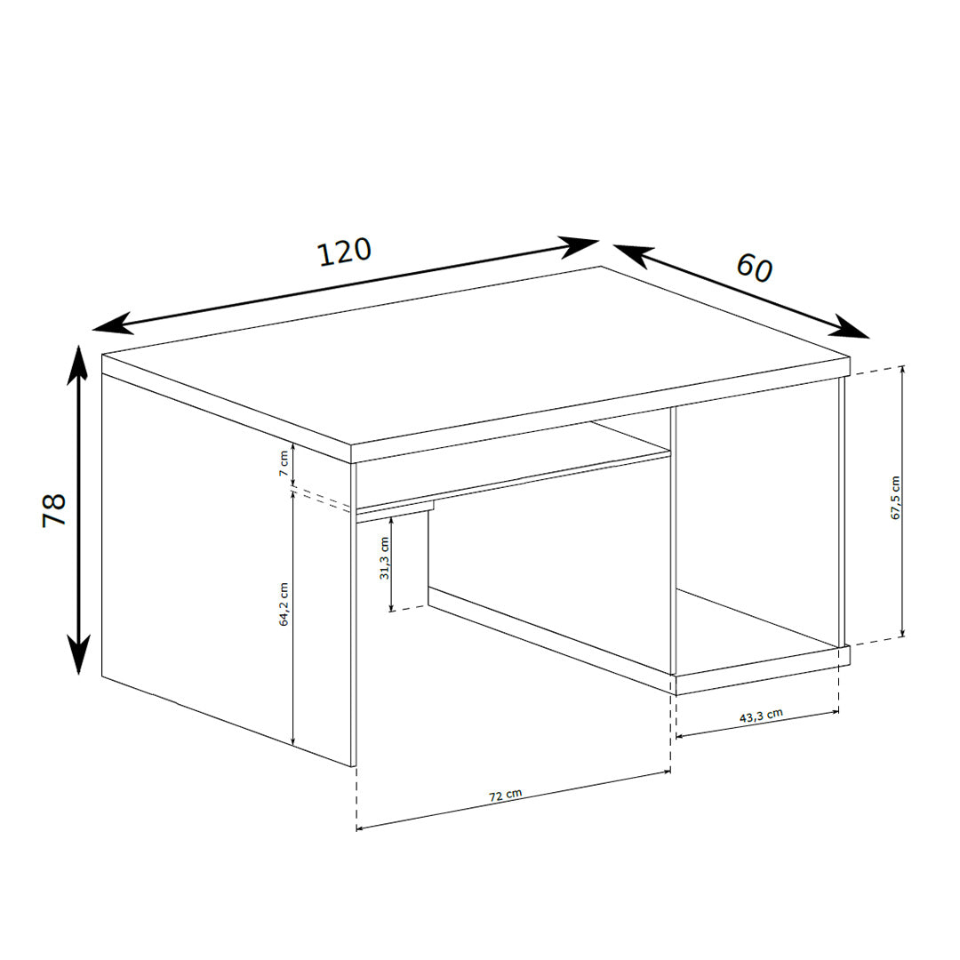 Schreibtisch Korin 120x78 – Maßzeichnung mit Breite, Höhe und Tiefe