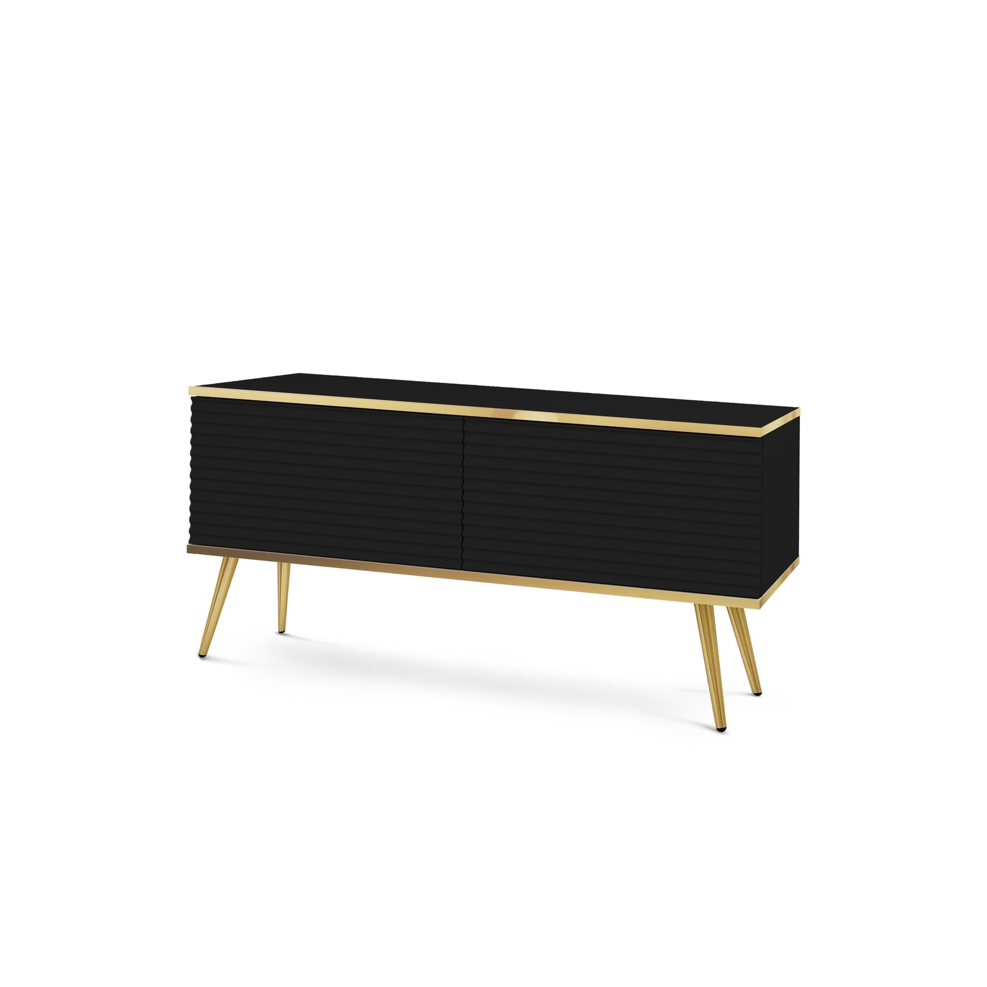 Szafka RTV 135x30 w stylu nowoczesnym - ryflowany front MDF, złote akcenty | Meva Czarny Złota