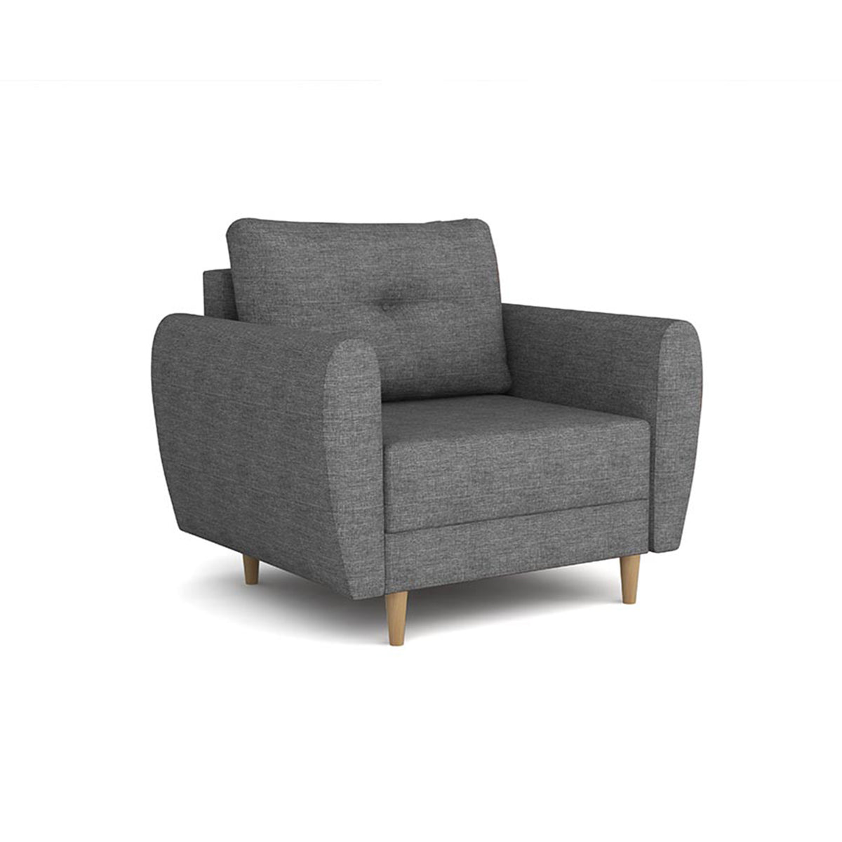 Sessel Harmi 90 cm Silbernebel (SAWANA 05) – Sessel mit gestepptem Rückenkissen und Buchenholzbeinen, Schrägansicht