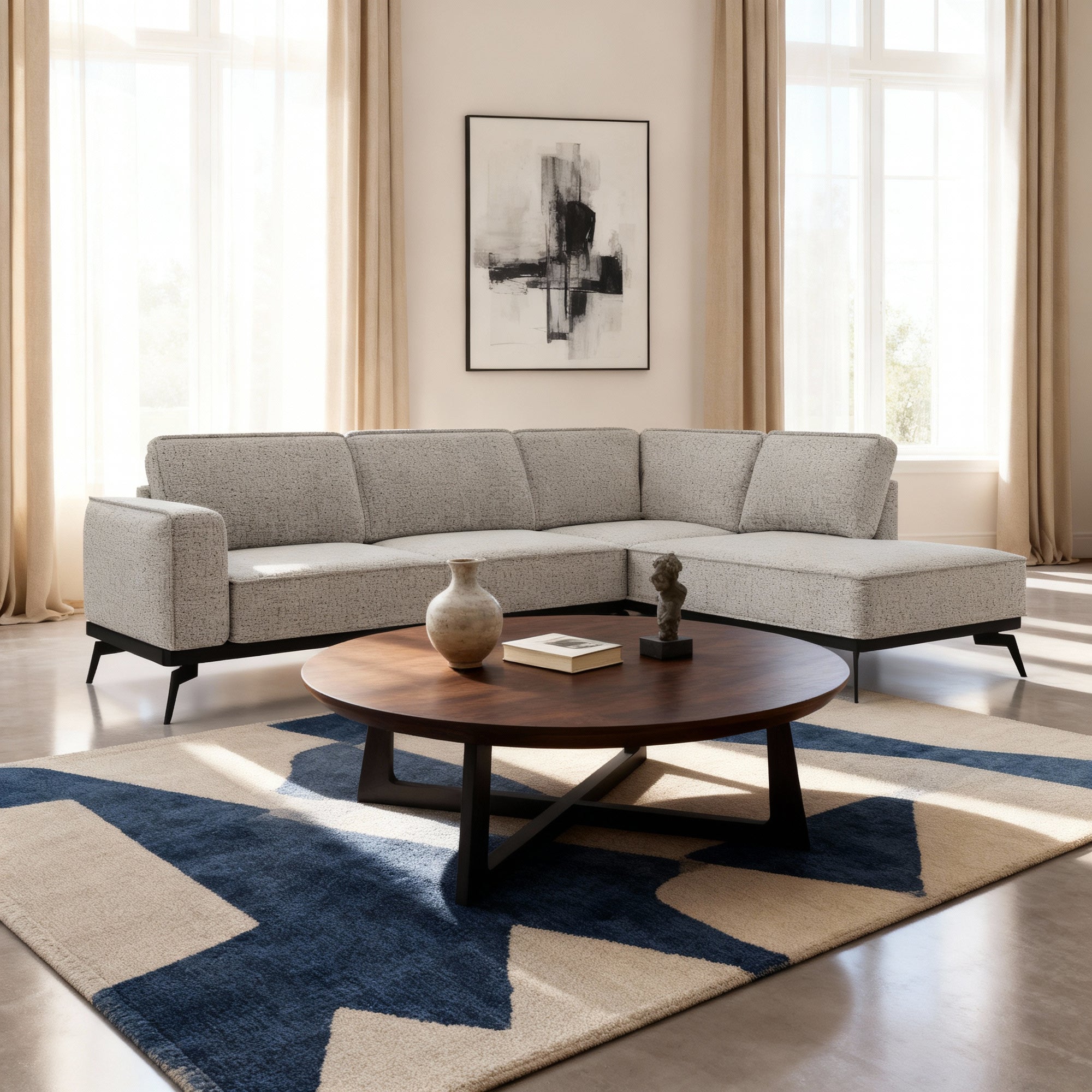 Narożnik Premium 293 cm w stylu nowoczesnym – tkanina Aragon, sprężyny faliste, wysokie nóżki | Rosalia