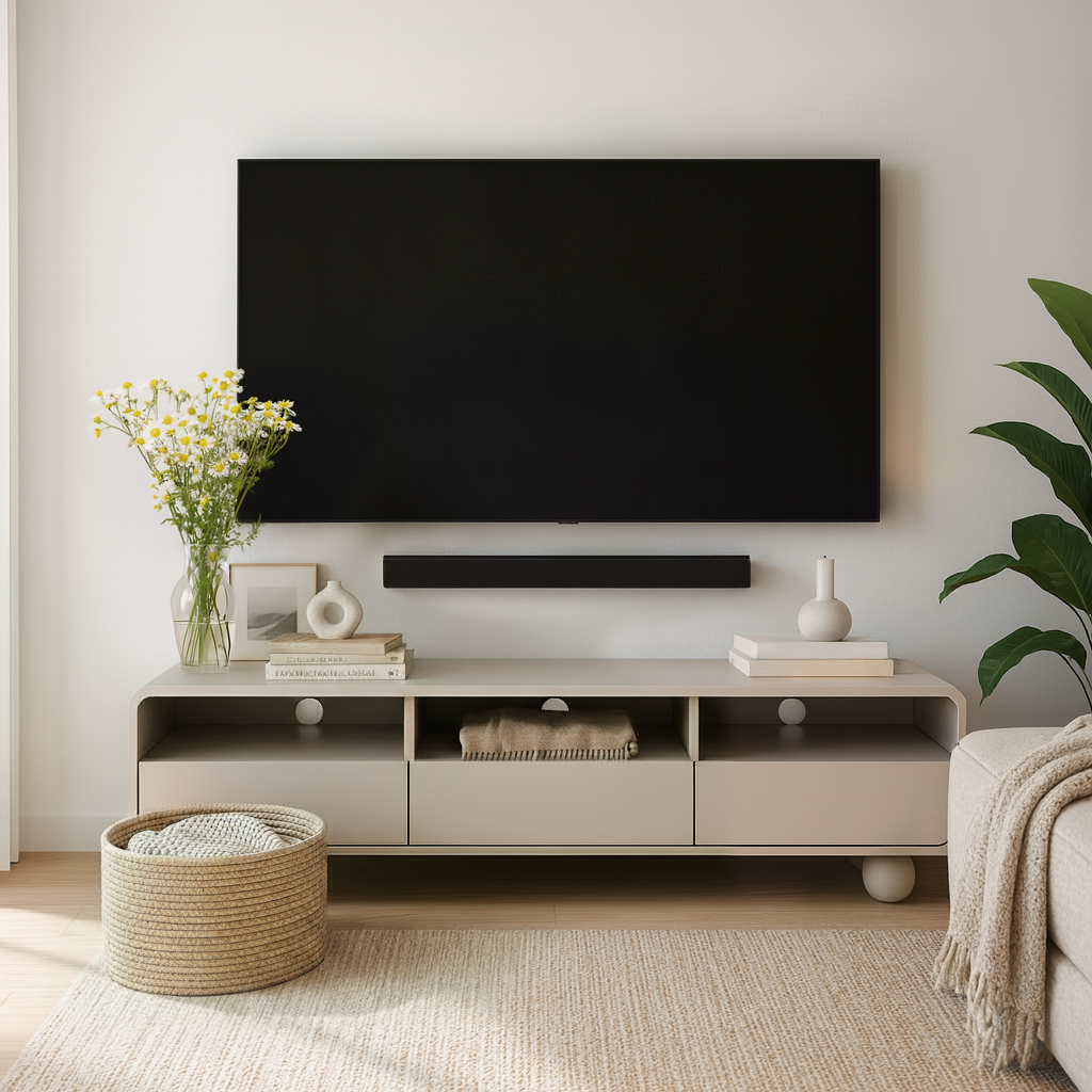 Szafka RTV 160x44 w stylu japandi – kaszmirowa, szuflady push-to-open | Ballo