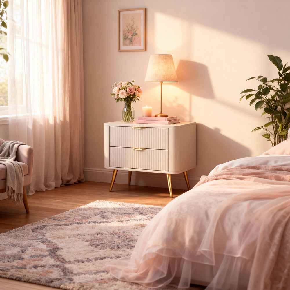 Szafka nocna z 2 szufladami 63x55 cm w stylu eleganckim – ryflowane fronty, zaoblone krawędzie | Laanti