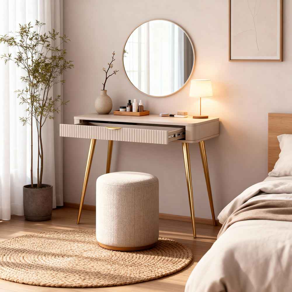 Toaletka z szufladą 100x78 w stylu nowoczesnym – ryflowany front, metalowe nogi, dwa warianty kolorystyczne | Laanti