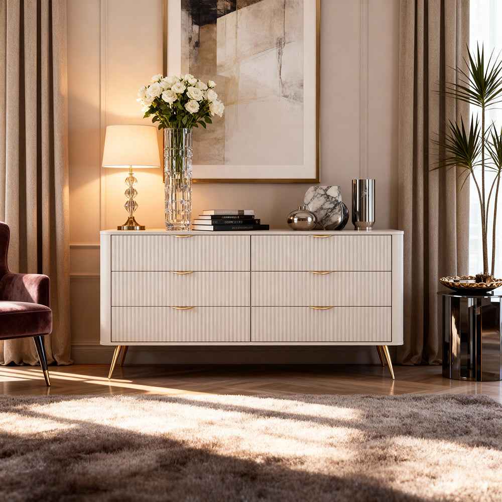 Komoda 163x81 z 6 szufladami w stylu eleganckim - ryflowane fronty, metalowe uchwyty | Laanti A