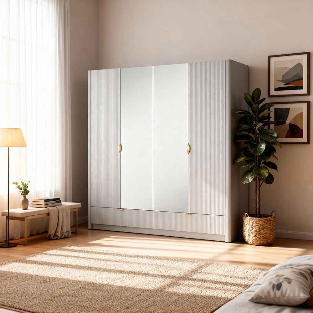 Szafa 4-drzwiow 213x208 cm w stylu nowoczesnym – ryflowane fronty MDF, metalowe uchwyty, lekko zaoblone boki | Laanti