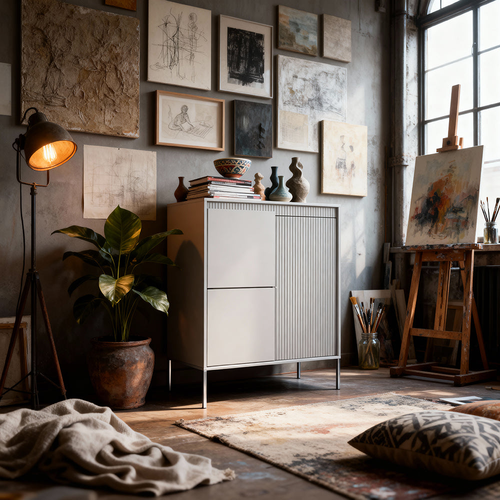 Komoda 3-drzwiowa 104x123 w stylu japandi - beż, push-to-open, wysoka forma | Senra