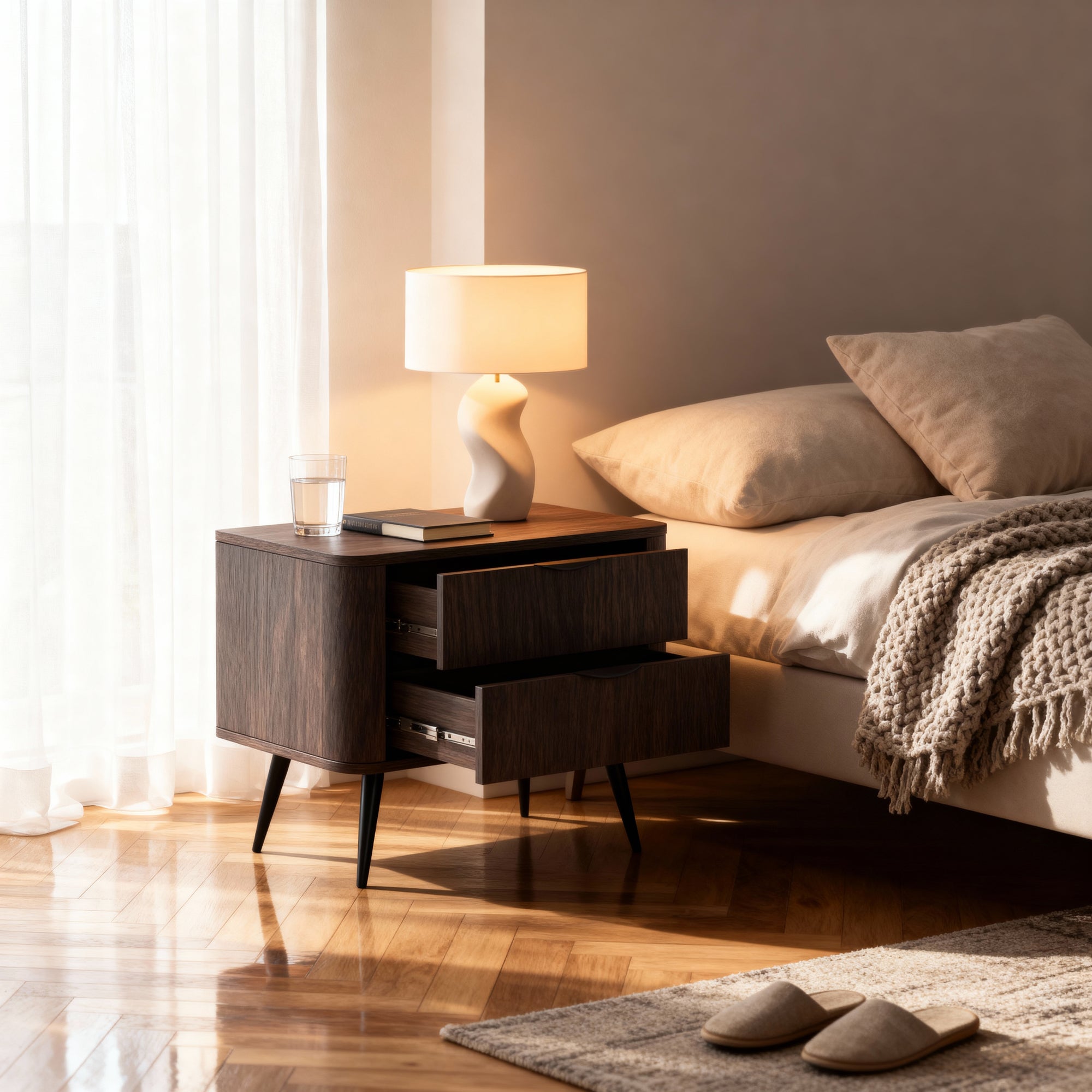 Szafka nocna z 2 szufladami 63x55 cm w stylu soft loft – zaoblone boki, dąb Dunin, metalowe nogi | Velia
