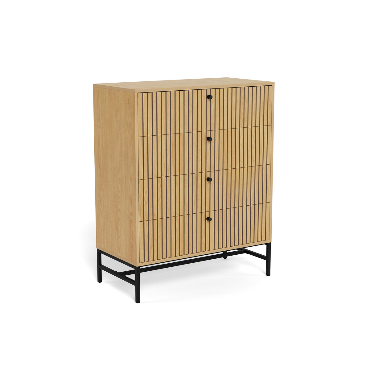 Kommode „Bambouz“ 81 x 100 in Eiche – Seitenansicht der vier Lamellenschubladen und des schwarzen Sockels