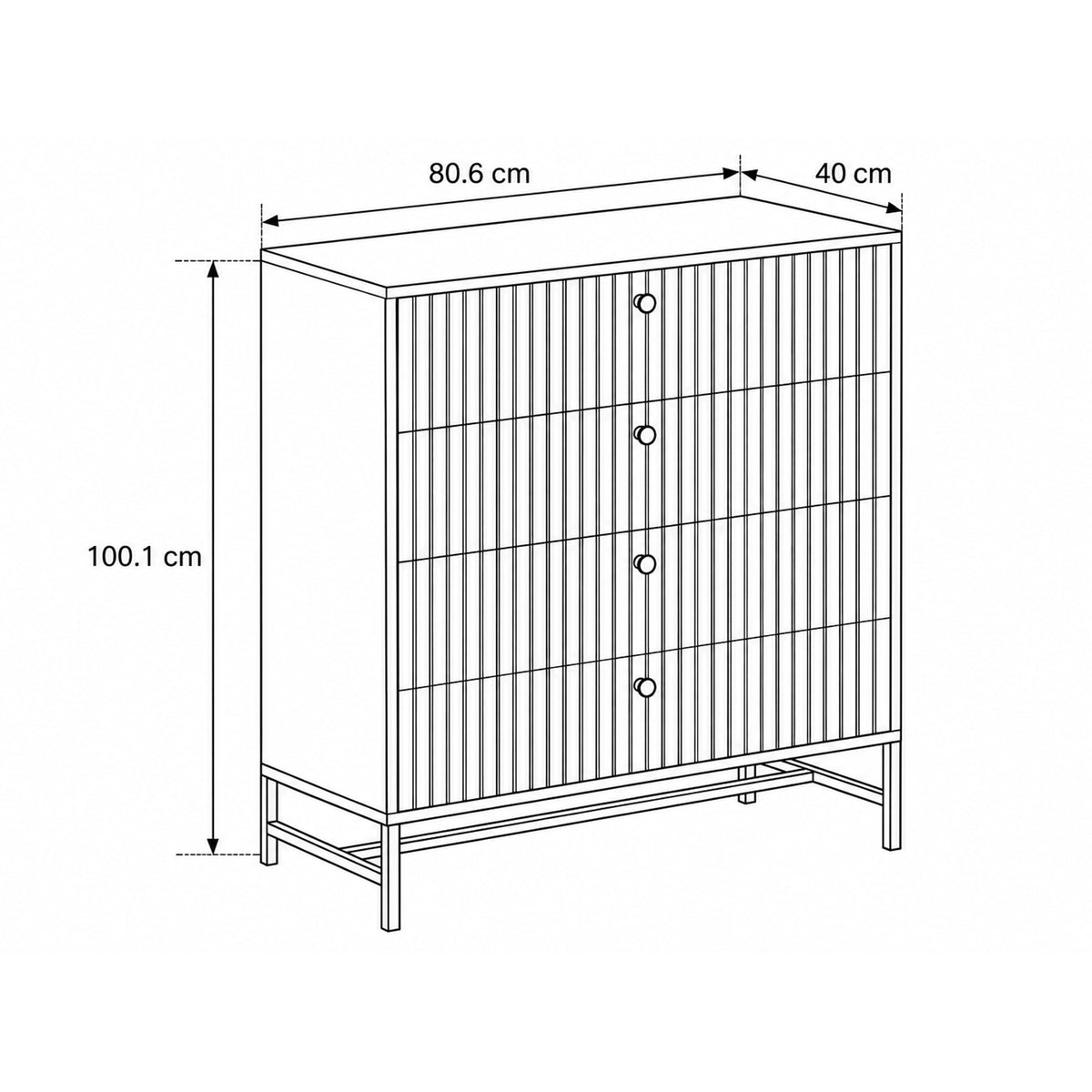 Kommode Bambouz 81 x 100 – Maßzeichnung mit Breite, Höhe und Tiefe