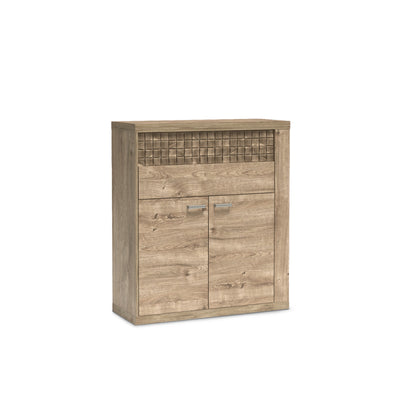 Kommode Korin 102x119 in Eiche – Kommode mit Schubladen, Schrank und geriffelter Front, Schrägansicht