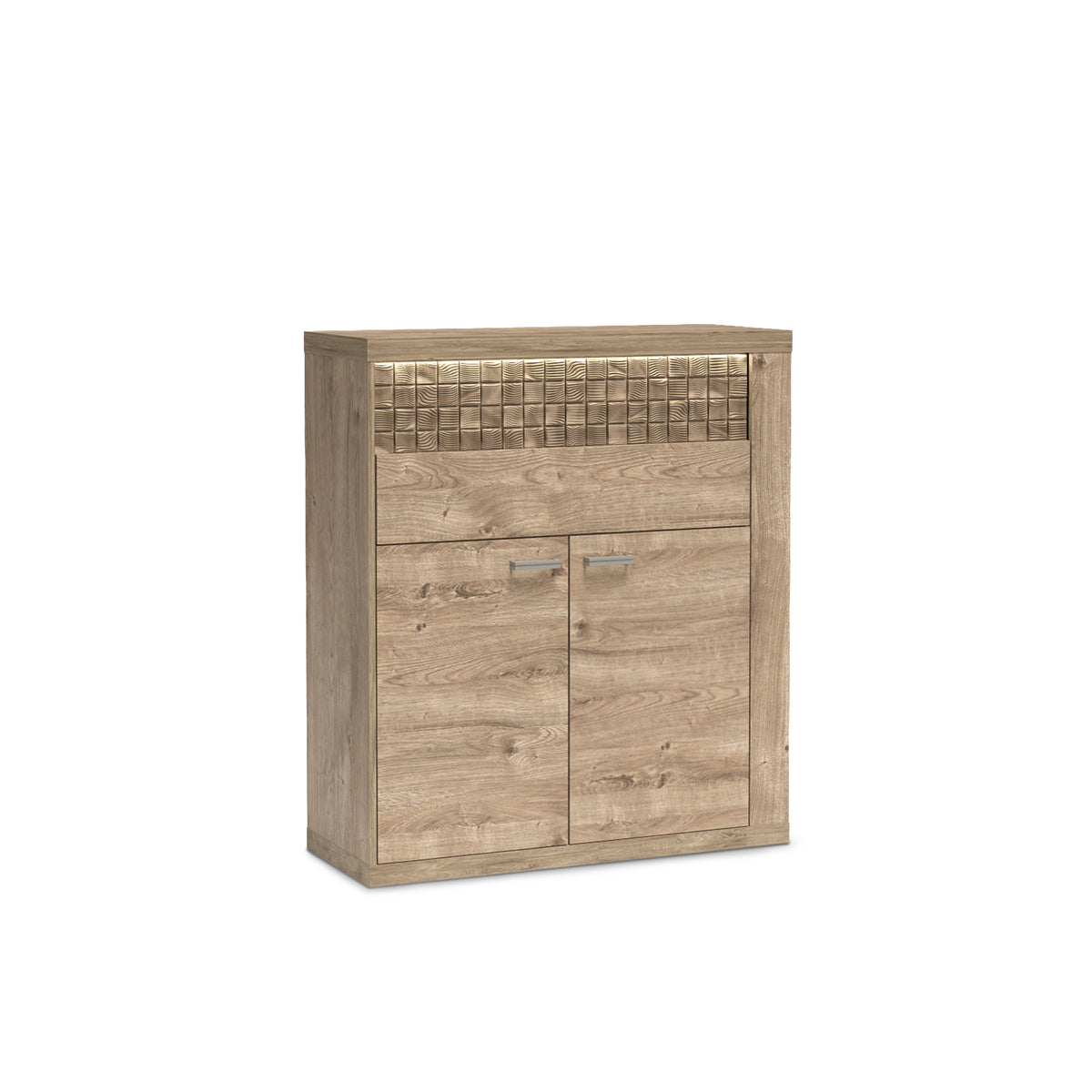 Kommode Korin 102x119 mit LED – warmes Licht über der geriffelten Front, Kommode mit LED-Beleuchtung