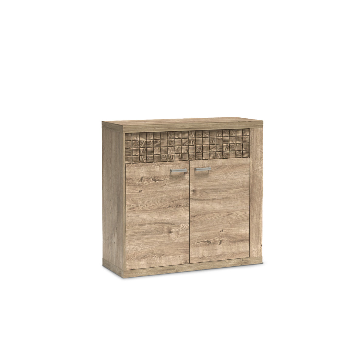 Kommode Korin 102x99 in Eiche – niedrige Kommode mit Schublade und zweitürigem Schrank, Schrägansicht