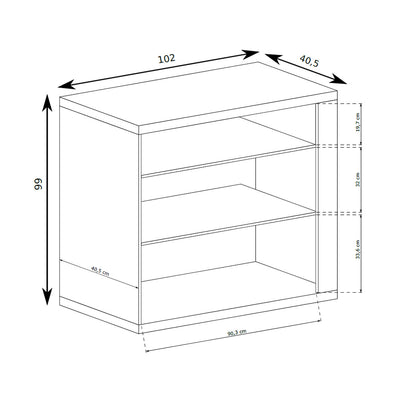 Kommode Korin 102x99 – Maßzeichnung mit Breite, Höhe und Tiefe