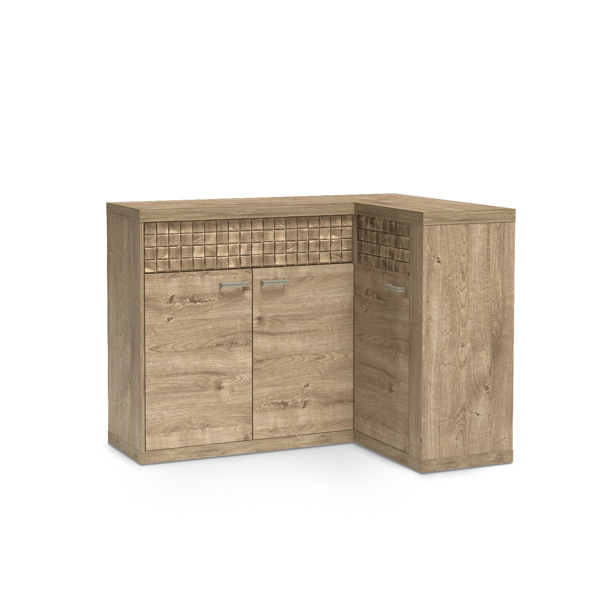 Kommode Korin 132x99 in Eiche – L-förmige Eck-Kommode mit geriffelter Front, Schrägansicht