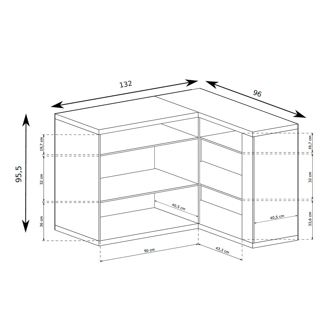 Kommode Korin 132x99 – Maßzeichnung mit Breite, Höhe und Tiefe