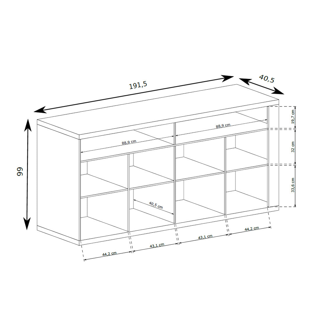 Kommode Korin 192x99 – Maßzeichnung mit Breite, Höhe und Tiefe
