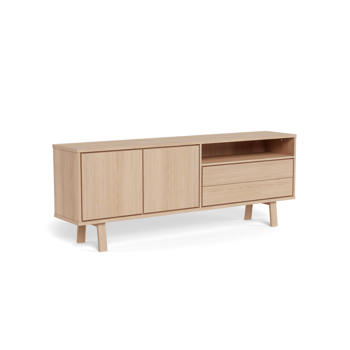 Kommode Lurisse 200 x 75, gebleichte Eiche – Ansicht von der Seite, skandinavische Kommode mit Türen, Schubladen und offenem Fach