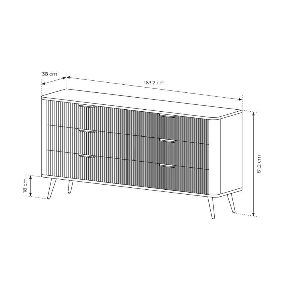 Komoda 163x81 z 6 szufladami w stylu eleganckim - ryflowane fronty, metalowe uchwyty | Laanti