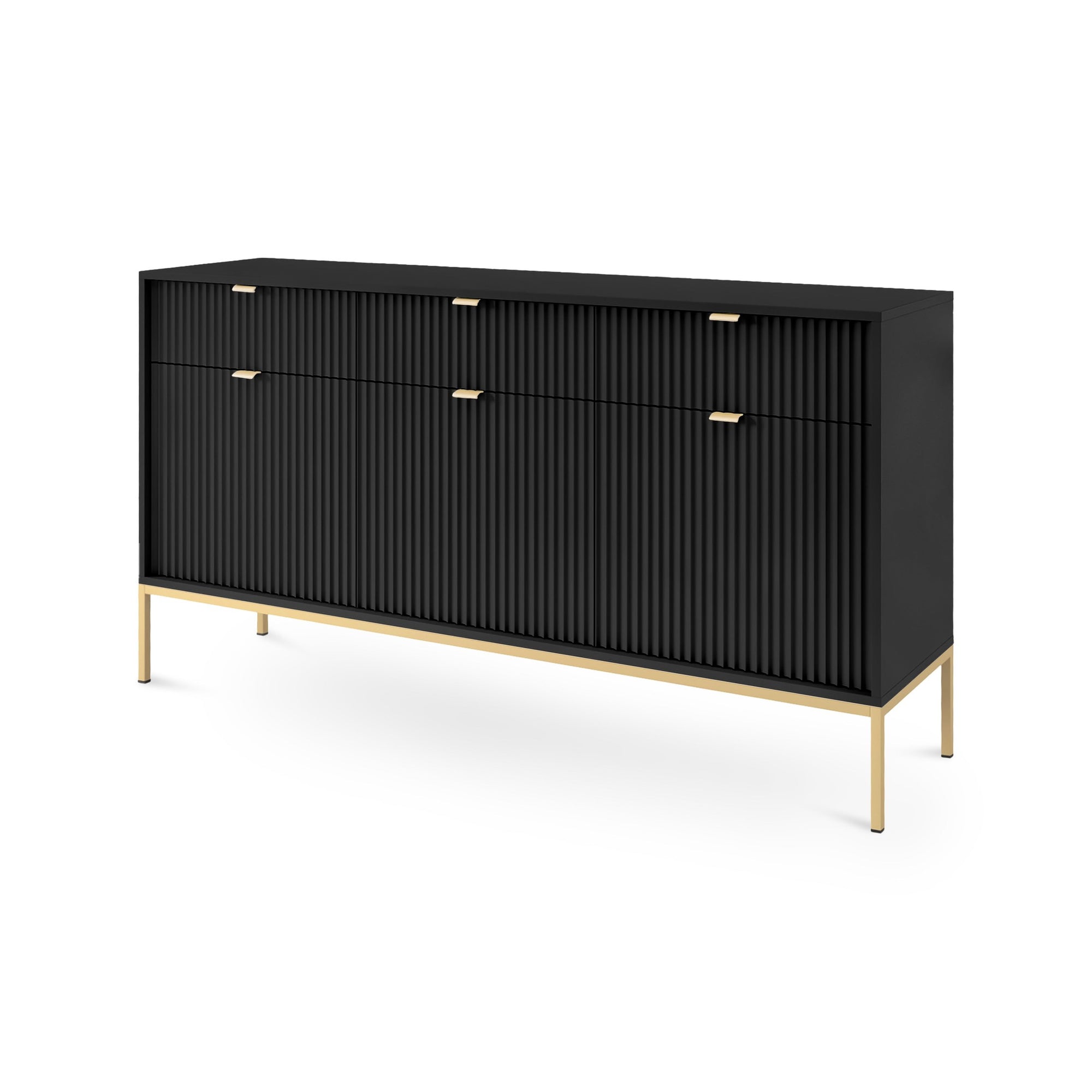 Komoda 154x83 w stylu glamour - ryflowane fronty, metalowe nogi, aluminiowe uchwyty | Roza Czarny Złota