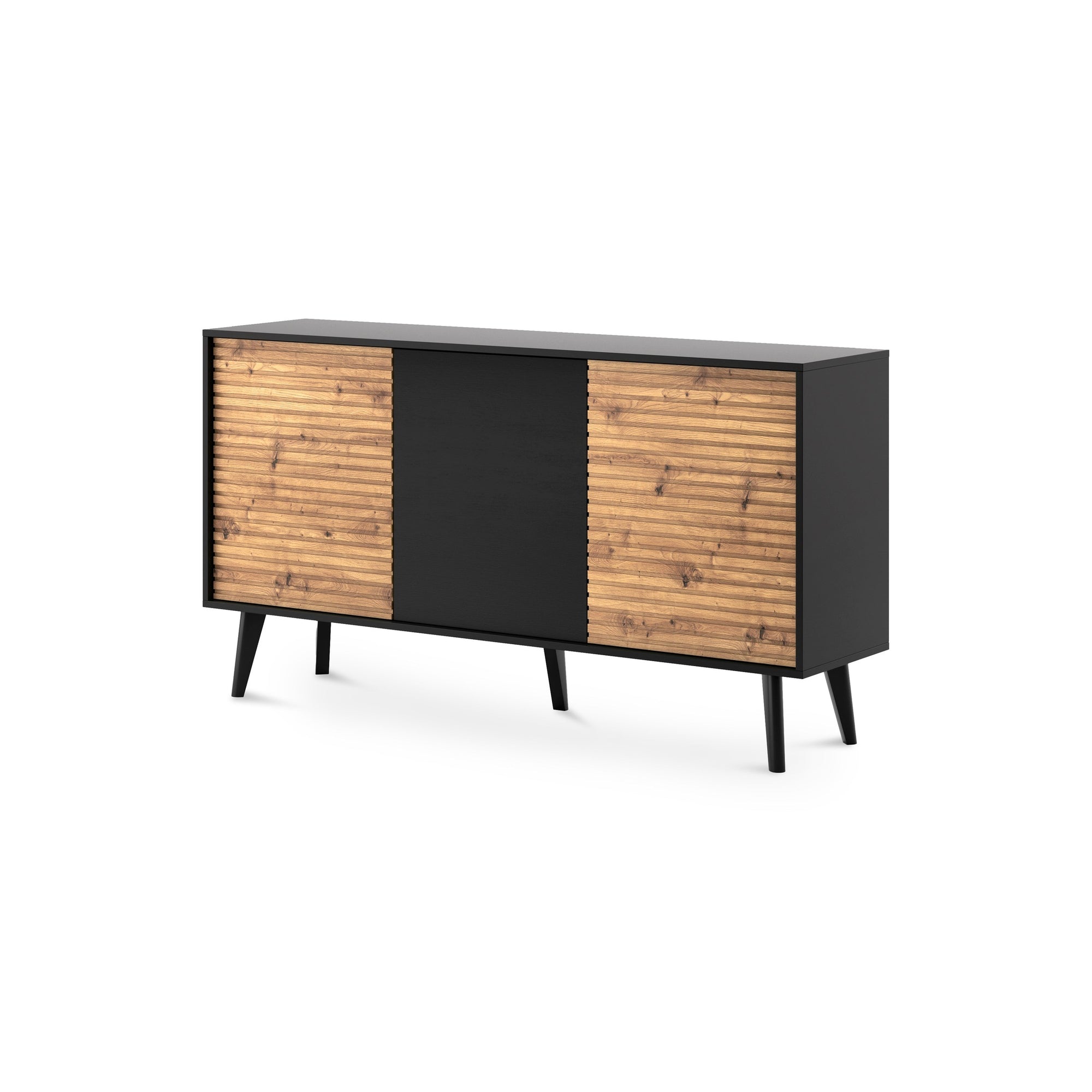 Komoda z drzwiami 154x83 w stylu industrialnym - dąb Artisan/czarny, push-to-open, skośne nóżki | Las