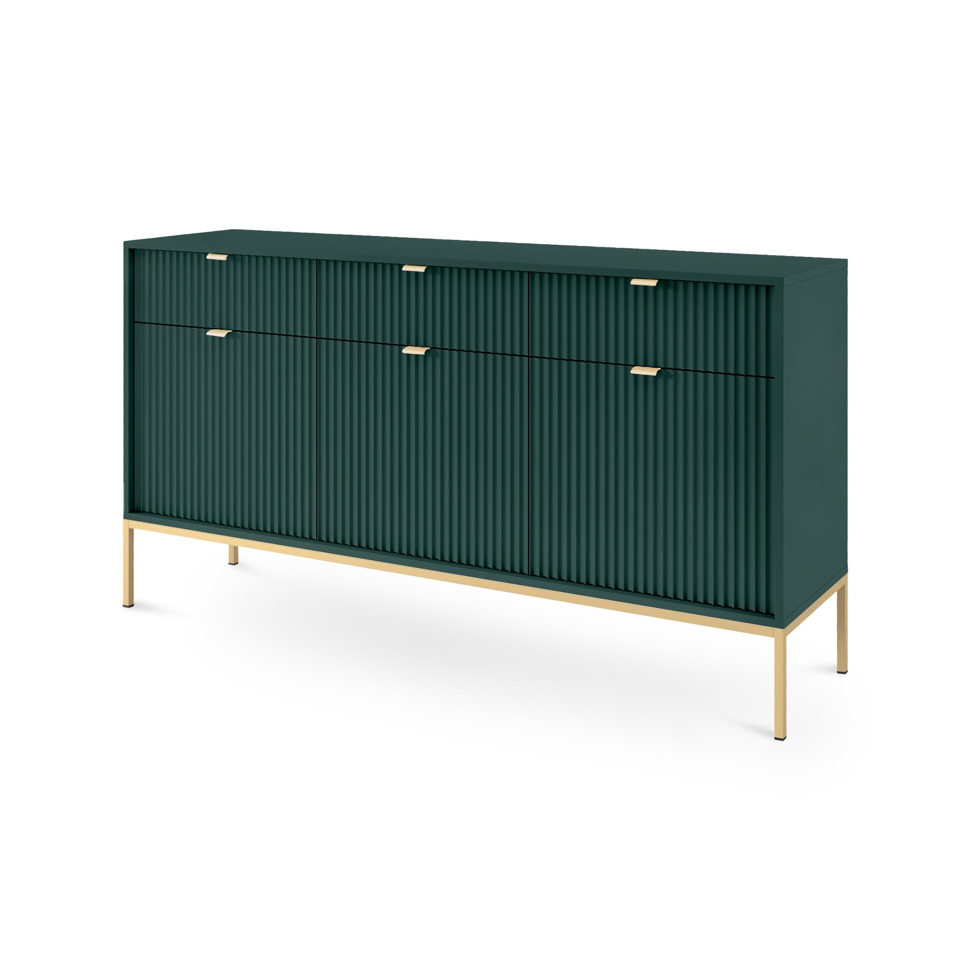 Komoda 154x83 w stylu glamour - ryflowane fronty, metalowe nogi, aluminiowe uchwyty | Roza Labrador Green Złota