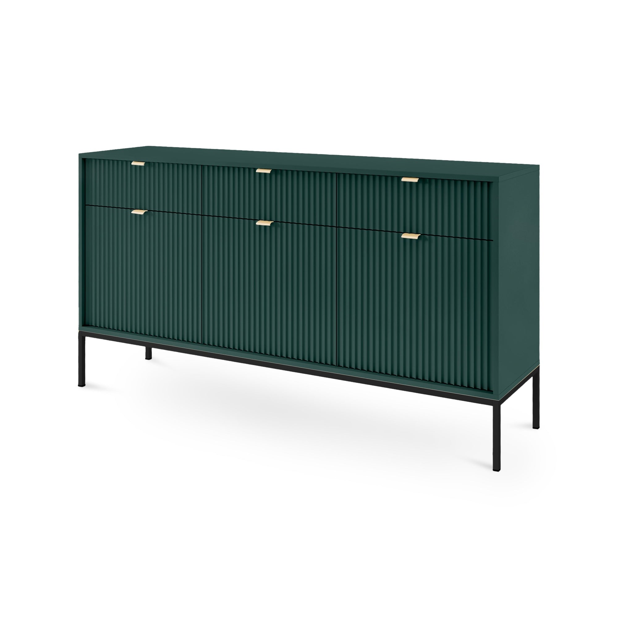 Komoda 154x83 w stylu glamour - ryflowane fronty, metalowe nogi, aluminiowe uchwyty | Roza Labrador Green Czarny