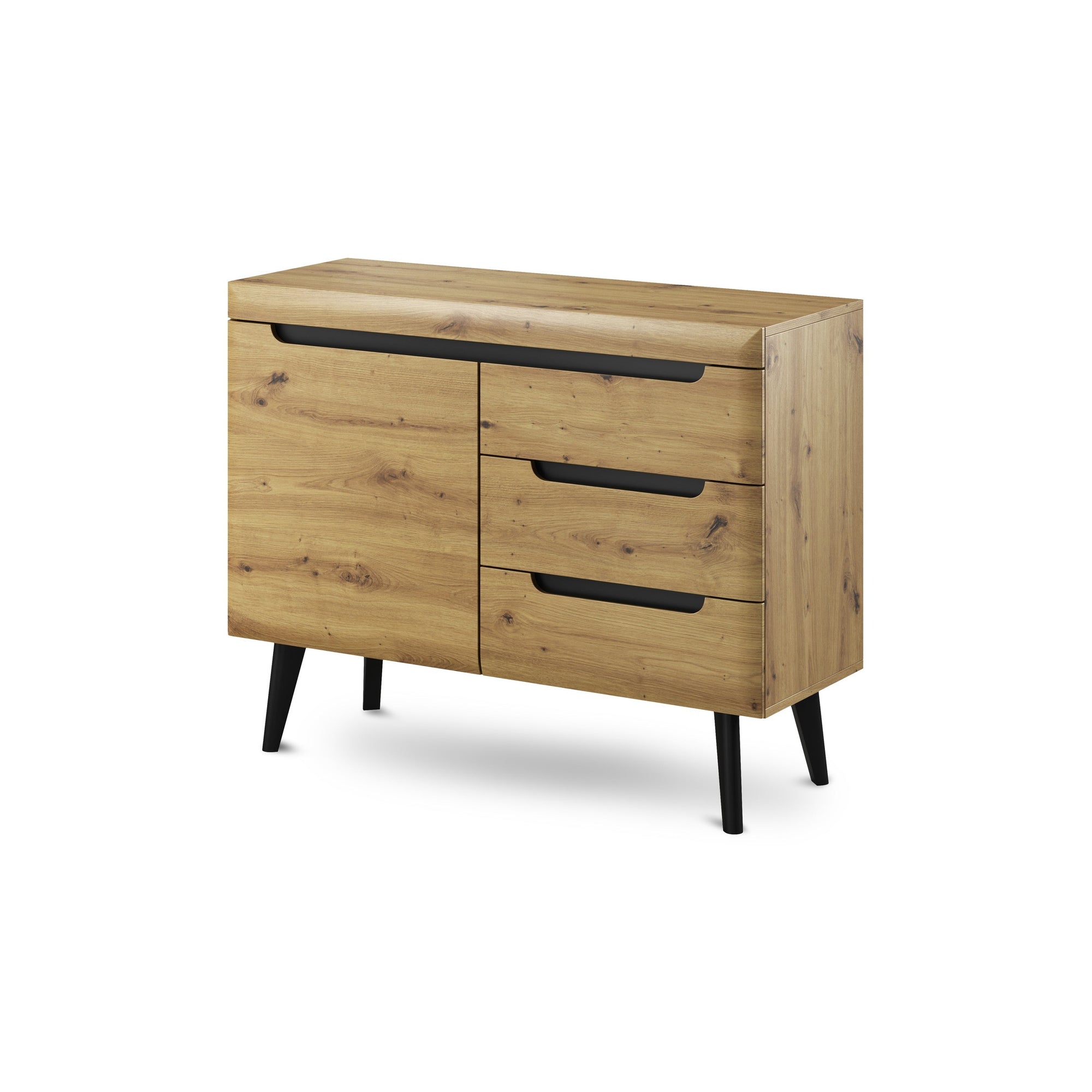 Komoda 107x83 w stylu skandynawskim - frezowane uchwyty, drewniane skośne nogi, minimalistyczna forma | Trava Dąb Artisan