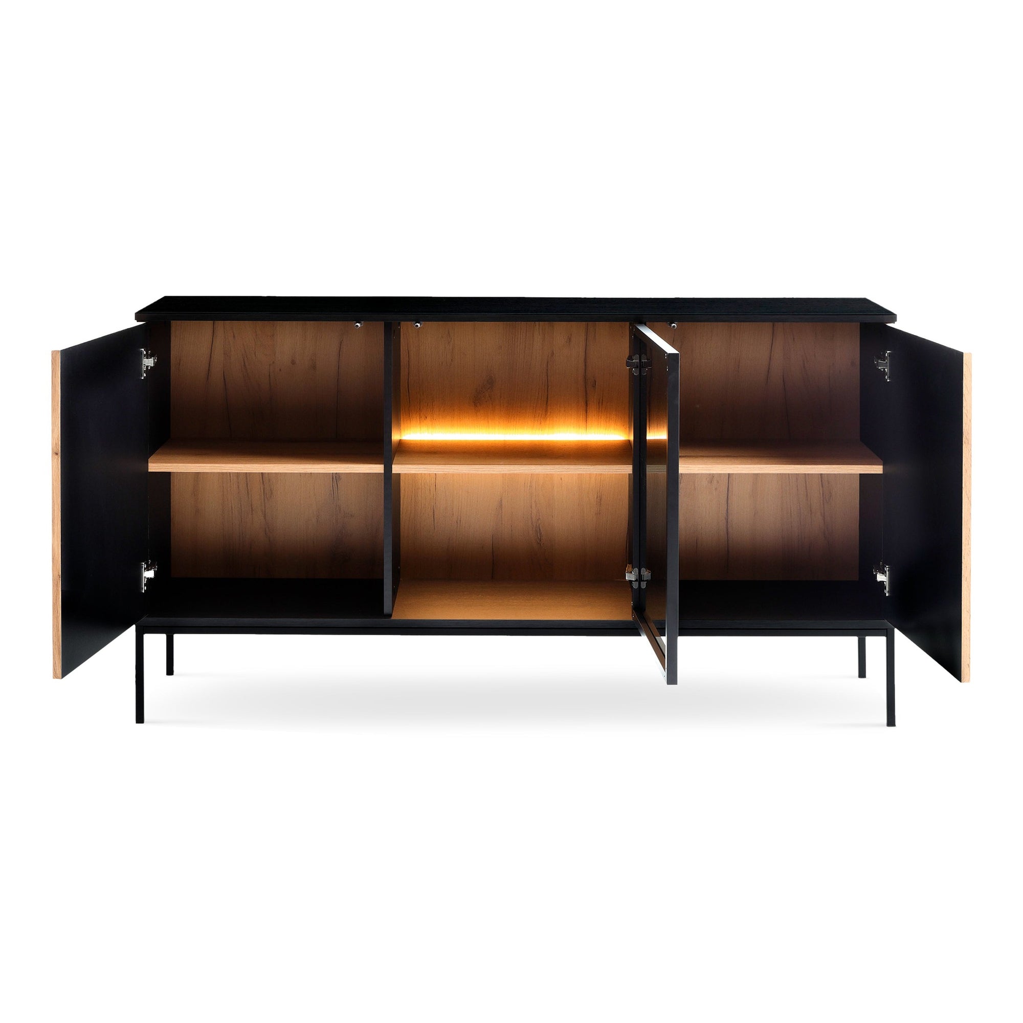 Komoda z drzwiami 154x83 w stylu loft - dąb Wotan/czarny, LED, szkło antisol | Lampy