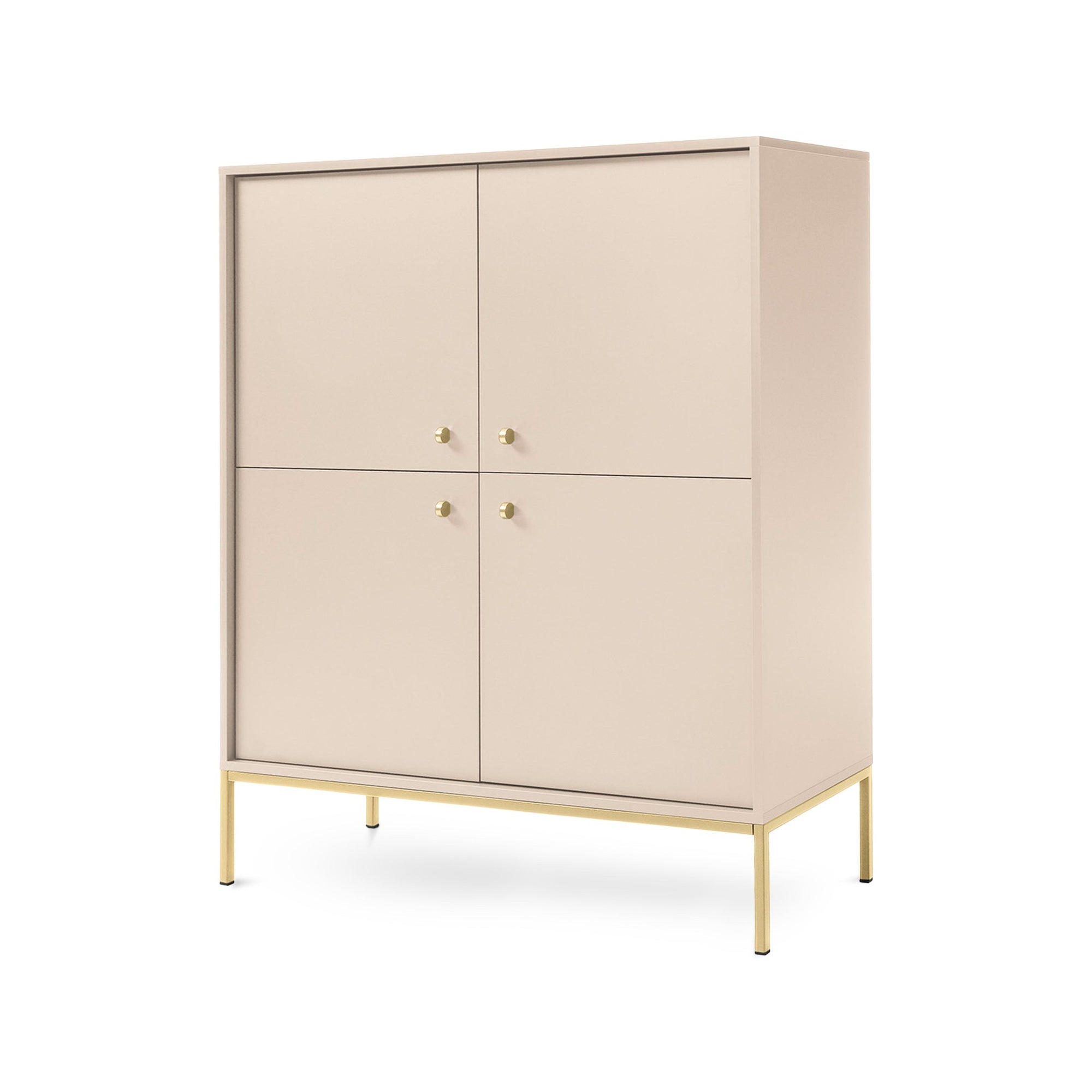 Komoda 104x126 w stylu vintage - cztery drzwi, złote uchwyty, metalowe nogi | Kviat Beż Piaskowy Złota