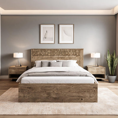 Bett Korin 160x200 im Schlafzimmer mit grauen Wänden und Bildern – Bett mit Bettkasten fürs Schlafzimmer